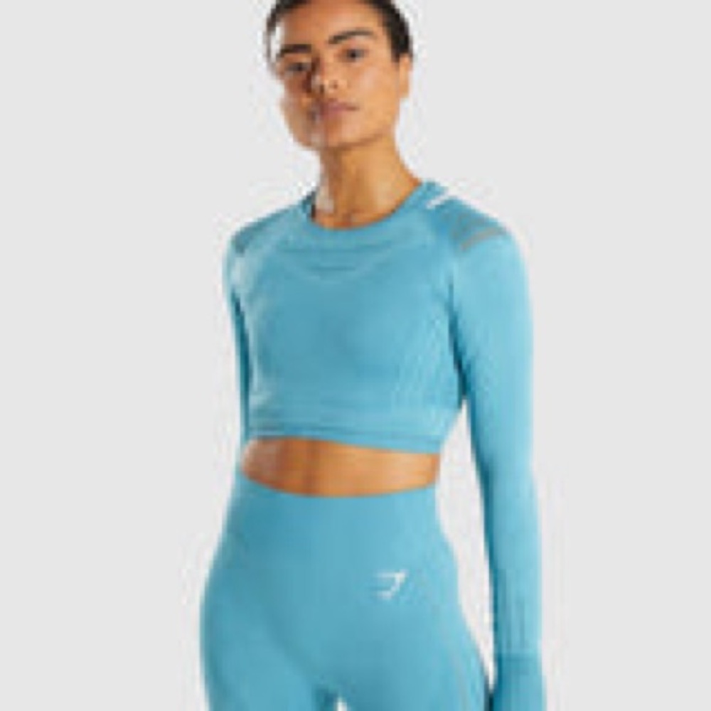 Gymshark Flawless Knit Long Sleeve Crop Top - Sea Blue